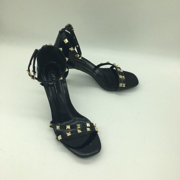 Black Women Ankle Strap Rivets Sandals Open Toe Mid Heels Pumps - Picture 4 of 10